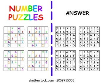 Sudoku estableció seis por seis con ilustración vector de respuesta. Número educativo de rompecabezas con una hoja de cálculo imprimible de color para soluciones para niños