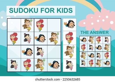 Sudoku sheet for kids. Education worksheet for children. Printable puzzle game for preschool.  Cute mermaids theme. Vector file.