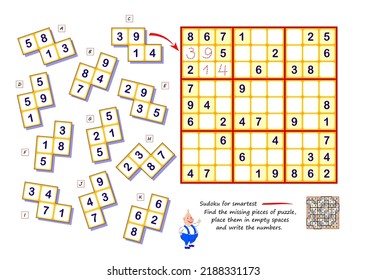 Sudoku para los más inteligentes. Juego lógico. Encuentra las piezas faltantes del rompecabezas, colóquelas en espacios vacíos y escriba los números. Página para niños libro teaser de cerebro. Hoja de actividades. Desarrollando el pensamiento espacial.