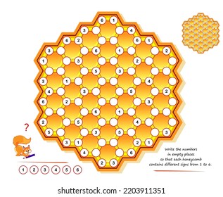 Sudoku for smartest. Logic puzzle game. Write the numbers in empty places so that each honeycomb contains different signs from 1 to 6. Page for kids brain teaser book. Developing counting skills.