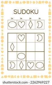 Sudoku tasks for kids. Shapes learning. Early education. Worksheet for children. Preschool handwriting practice. Geometry game. Maze activity. Maths lines play and study page book. 
