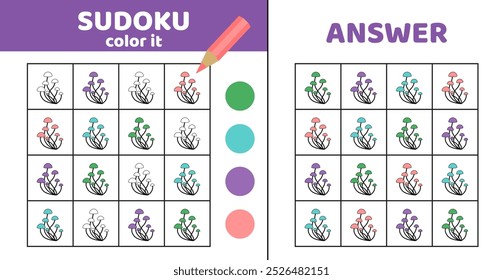 Sudoku con heces de sapo. Colorear sudoku con champiñones. Juego para niños. Dibujos animados, Vector, eps 10

