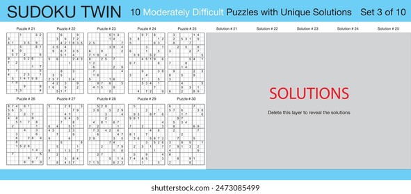 Sudoku Twin - 10 Moderately Difficult Puzzles with Solutions - Set 3 of 10