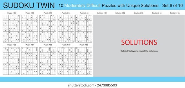 Sudoku Twin - 10 Moderately Difficult Puzzles with Solutions - Set 6 of 10