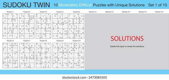 Sudoku Twin - 10 Moderately Difficult Puzzles with Solutions - Set 1 of 10