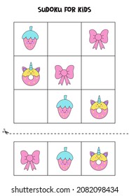 Sudoku with unicorn elements for preschool kids. Logical game for girls.