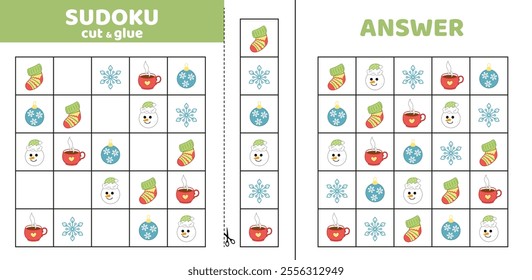 Sudoku with winter elements. Game puzzle for kids. Cut and glue. Cartoon, isolated, vector, eps 10