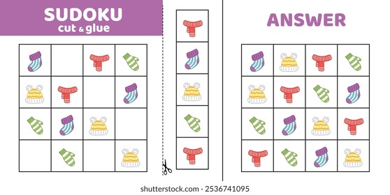 Sudoku with winter warm clothes. Game puzzle for kids. Cut and glue. Cut and glue. Cartoon, isolated, vector, eps 10