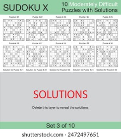 Sudoku X - 10 Moderately Difficult Puzzles with Solutions - Set 3 of 10