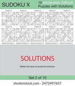 Sudoku X - 10 Moderately Difficult Puzzles with Solutions - Set 2 of 10