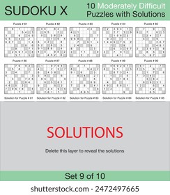Sudoku X - 10 Moderately Difficult Puzzles with Solutions - Set 10 of 10