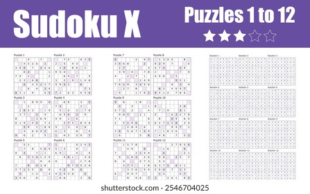 Sudoku X Puzzle-Sammlung mit diagonalen und anspruchsvollen Lösungen. Perfekt für Gehirntraining und Rätselfreunde. Bietet 12 sehr harte Rätsel und Lösungen. Puzzles 1 bis 12.