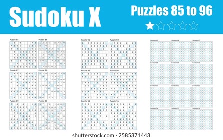 Sudoku X puzzle pack featuring puzzles 85 to 96 with a very easy difficulty level. Includes solutions and printable grids. Ideal for beginners, kids, and puzzle enthusiasts. EPS vector format