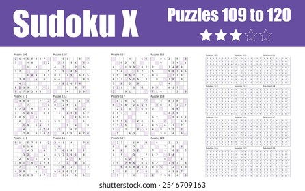 Sudoku X Puzzles 109-120 bieten mittlere diagonale Herausforderungen mit vollen Lösungen. Ideal für logische Denker und Rätselfreunde, die fesselnde Gehirntrainings suchen