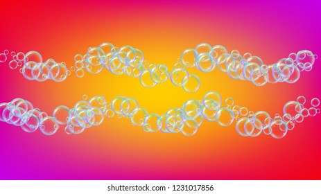 Suds bubble. Detergent bath foam and soap for bathtub. Shampoo. Trendy fizz and splash. Realistic water frame and border. 3d vector illustration poster. Rainbow colorful liquid suds.