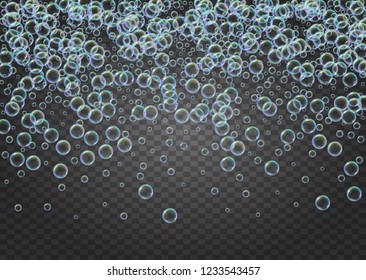 Suds bubble. Detergent bath foam and soap for bathtub. Shampoo. Creative fizz and splash. Realistic water frame and border. 3d vector illustration layout. Isolated colorful liquid suds.