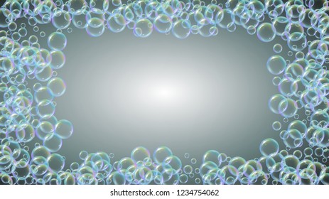 Suds bubble. Detergent bath foam and soap for bathtub. Shampoo. Bright fizz and splash. Realistic water frame and border. 3d vector illustration concept. Grey colorful liquid suds.