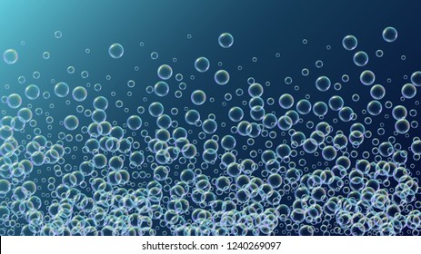 Suds bubble. Detergent bath foam and soap for bathtub. Shampoo. 3d vector illustration banner. Vibrant fizz and splash. Realistic water frame and border. Blue colorful liquid suds.