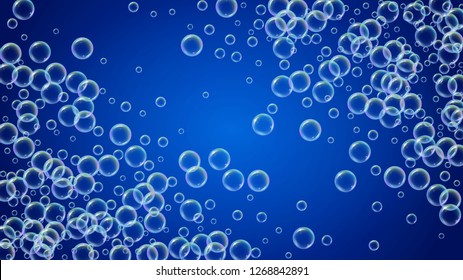 Suds bubble. Detergent bath foam and soap for bathtub. Shampoo. 3d vector illustration banner. Trendy fizz and splash. Realistic water frame and border. Blue colorful liquid suds.