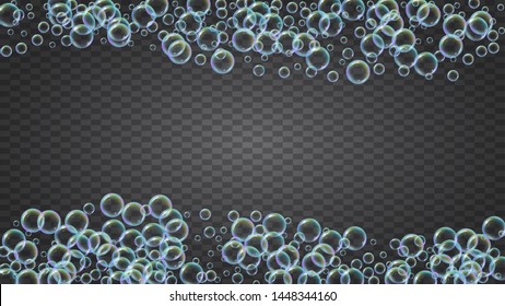 Suds bubble. Detergent bath foam and soap for bathtub. Shampoo. Trendy fizz and splash. Realistic water frame and border. 3d vector illustration banner. Isolated colorful liquid suds.