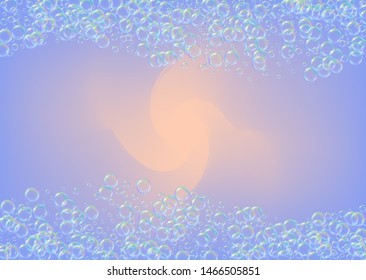 Suds bubble. Detergent bath foam and soap for bathtub. Shampoo. 3d vector illustration flyer. Creative fizz and splash. Realistic water frame and border. Purple colorful liquid suds.