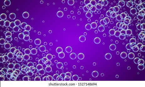 Suds bubble. Detergent bath foam and soap for bathtub. Shampoo. Vibrant fizz and splash. Realistic water frame and border. 3d vector illustration design. Purple colorful liquid suds.