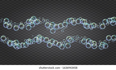 Suds bubble. Detergent bath foam and soap for bathtub. Shampoo. 3d vector illustration invite. Creative fizz and splash. Realistic water frame and border. Isolated colorful liquid suds.