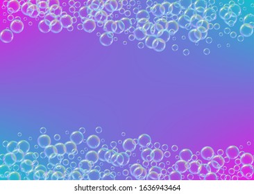 Suds bubble. Detergent bath foam and soap for bathtub. Shampoo. Creative fizz and splash. Realistic water frame and border. 3d vector illustration layout. Purple colorful liquid suds.