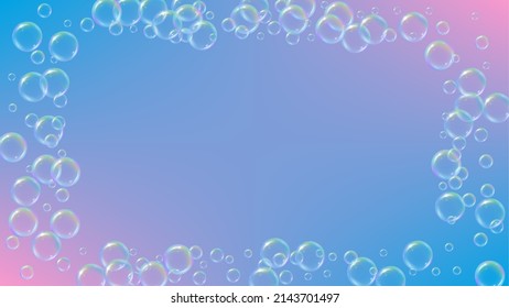 Suds bubble. Detergent bath foam and soap for bathtub. Shampoo. Rainbow fizz and splash. Realistic water frame and border. Blue 3d vector illustration concept. colorful liquid suds.