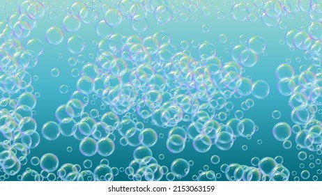 Suds bubble. Detergent bath foam and soap for bathtub. Shampoo. Creative fizz and splash. Realistic water frame and border. 3d vector illustration design. Blue colorful liquid suds.