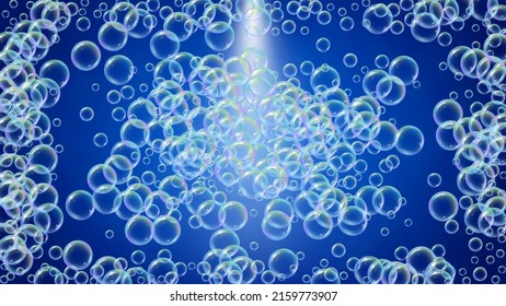 Suds bubble. Detergent bath foam and soap for bathtub. Shampoo. Stylish fizz and splash. Realistic water frame and border. 3d vector illustration banner. Blue colorful liquid suds.