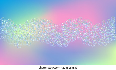 Suds bubble. Detergent bath foam and soap for bathtub. Shampoo. Minimal fizz and splash. Realistic water frame and border. 3d vector illustration design. Rainbow colorful liquid suds.