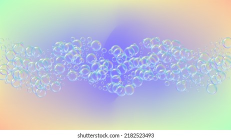 Sudet Blase. Waschmittel-Badschaum und Seife für die Badewanne. Shampoo. 3D-Vektorgrafik-Vorlage. Trendzischerei und Spritze. Realistischer Wasserrahmen und Rahmen. Regenbogen farbige Flüssigkeiten Suds.