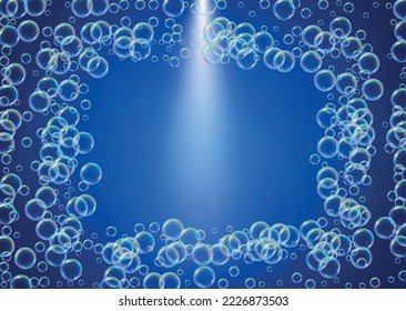 Suds bubble. Detergent bath foam and soap for bathtub. Shampoo. Stylish fizz and splash. Realistic water frame and border. 3d vector illustration template. Blue colorful liquid suds.