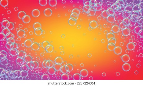 Suds bubble. Detergent bath foam and soap for bathtub. Shampoo. Trendy fizz and splash. Realistic water frame and border. 3d vector illustration banner. Rainbow colorful liquid suds.