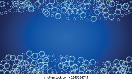 Suds bubble. Detergent bath foam and soap for bathtub. Shampoo. Vibrant fizz and splash. Realistic water frame and border. 3d vector illustration concept. Blue colorful liquid suds.