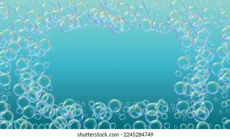 Suds bubble. Detergent bath foam and soap for bathtub. Shampoo. 3d vector illustration poster. Creative fizz and splash. Realistic water frame and border. Blue colorful liquid suds.