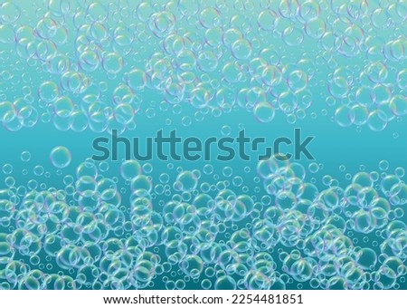 Suds bubble. Detergent bath foam and soap for bathtub. Shampoo. 3d vector illustration invite. Minimal fizz and splash. Realistic water frame and border. Blue colorful liquid suds.