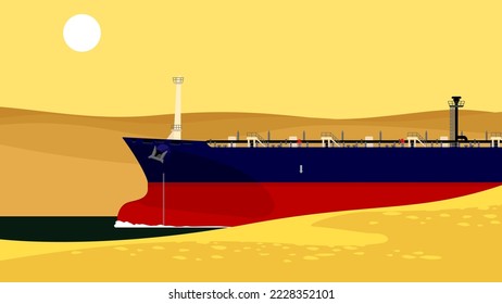 Suez Canal. A big ship sails through the desert. Vector image for prints, poster and illustrations.