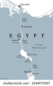 Suez Canal, gray political map. Artificial sea-level waterway in Egypt, connecting the Mediterranean Sea to the Red Sea, dividing Africa and Asia, extends from Port Said to Suez. Illustration. Vector.