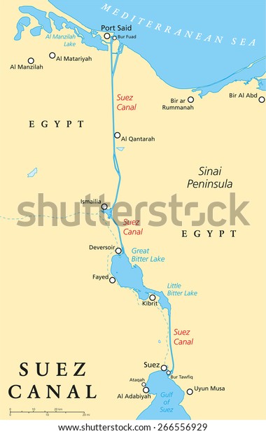 Suez Canal Political Map Artificial Sealevel Stock Vector Royalty Free