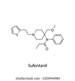 Sufentanil molekulare Struktur, flache skelettale chemische Formel. Opioid, Schmerzmittel, Suchtmittel, Analgetikum zur Behandlung. Vektorgrafik.