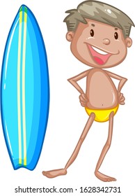 Sufer and surfboard on white background illustration