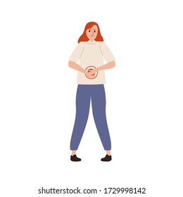 Suffer woman with painful expression having abdominal ache vector flat illustration. Unhappy female feeling stomach pain isolated on white. Sad girl with belly disorder and sickness problem