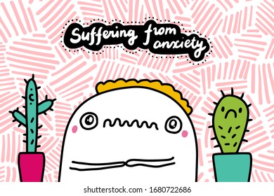 Sufriendo de ansiedad ilustración vectorial hecha a mano en el estilo cómico hombre plantas frustradas alrededor de fondo texturado