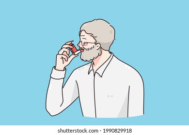 Suffering From Asthma Concept. Grey Haired Man Cartoon Character Standing Using Special Inhalator For Lungs Being Ill And Suffering From Asthma Disease Vector Illustration 