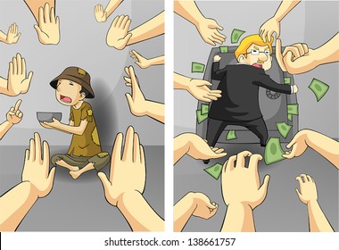 Suffering between the rich businessman and the poor beggar guy with hands wanting greedy and rejecting in diversity concept, create by cartoon vector 