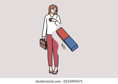 Suffering from cancel culture businesswoman is erased with eraser for violating social norms. Problem of cancel culture in society or discrimination against girls fired on basis of gender