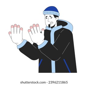 Suffering caucasian man with frostnip fingers 2D linear cartoon character. Winter clothes guy with cold hands isolated line vector person white background. Wintertime color flat spot illustration