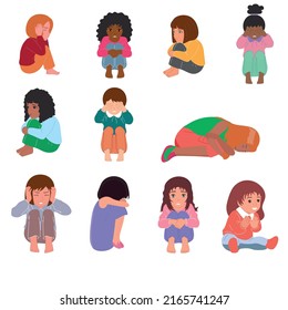 Suffering children set.Protect children from violence. Vector, flat.